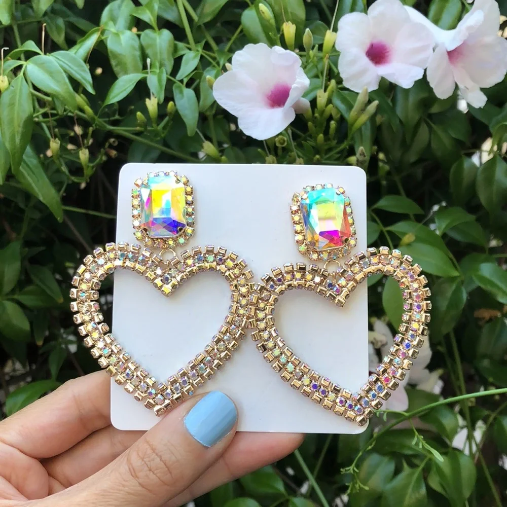 Aurora Borealis Crystal Heart Statement Earrings